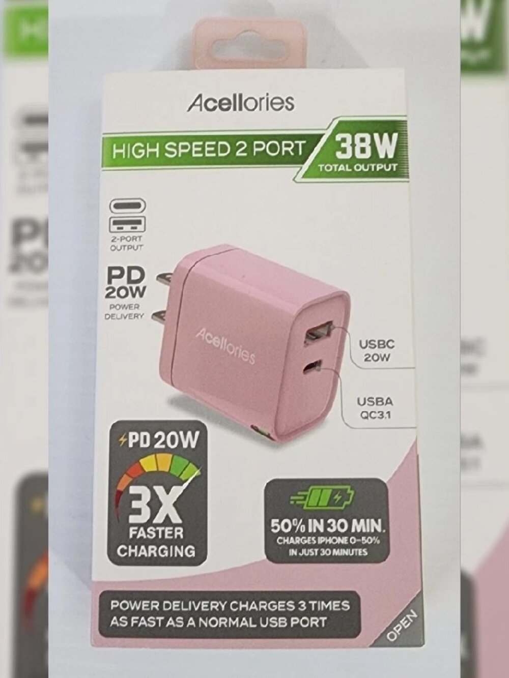 ACELLORIES HIGH SPEED 2 PORT 38W TOTAL OUTPUT USBC 20W USBA QC3.1 PINK